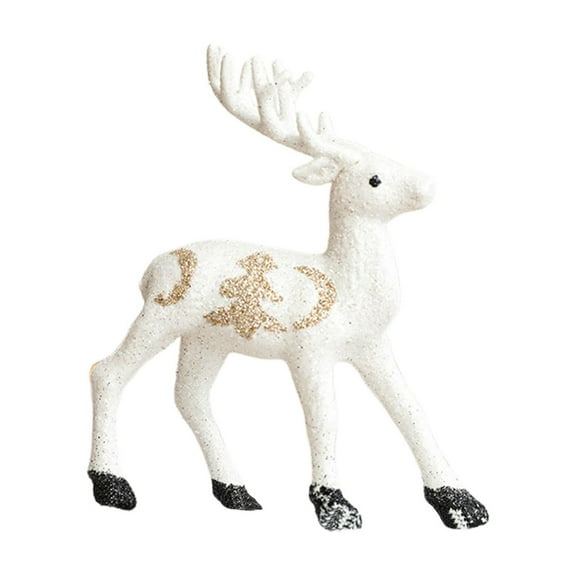 Uutvmp Christmas Reindeer Figurines 4.3inch, Foam Glitter Reindeer Figures with Moon and Christmas Tree Pattern Gold and White Standing Deer Statue, Artificial Animal Crafts for Tabletop Decor