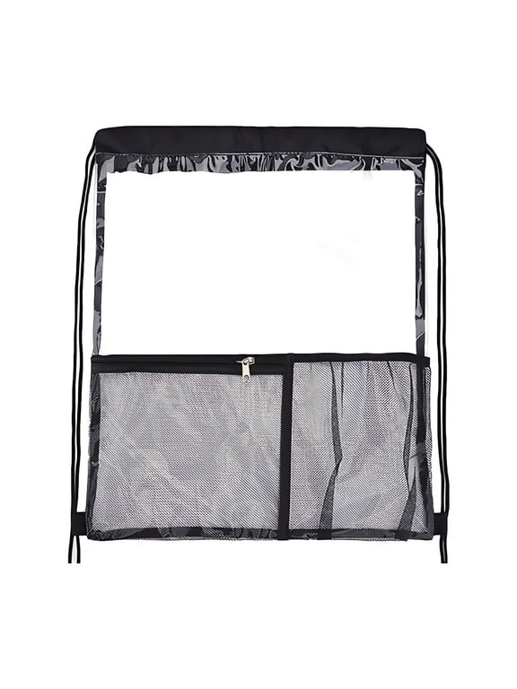 Clear Drawstring Bag Large PVC Drawstring Backpack with Bottle Holder and Front Zipper Mesh Pocket for Sporting Beach Swimming (Black)