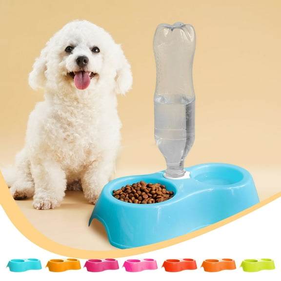 Uutvmp Double Dog Cat Bowls, Pets Water and Food Bowl Set, 15°Tilted Water and Food Bowl Set with Automatic Waterer Bottle for Small or Medium Size Dogs Cats
