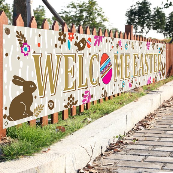 Uutvmp Easter Banners, Large Happy Easter Sign Banner for Indoor Outdoor Easter Party Supplies, 9.7 x 1.6FT