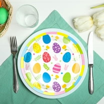 Uutvmp Easter Themed Party Paper Plates 10 Counts, 7inch Easter Colorful Eggs Disposable Rabbit Decoration Dinner Dessert Paper Plates for Kids Holiday Party