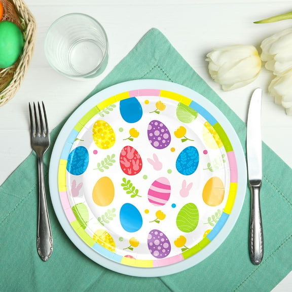 Uutvmp Easter Themed Party Paper Plates 10 Counts, 7inch Easter Colorful Eggs Disposable Rabbit Decoration Dinner Dessert Paper Plates for Kids Holiday Party
