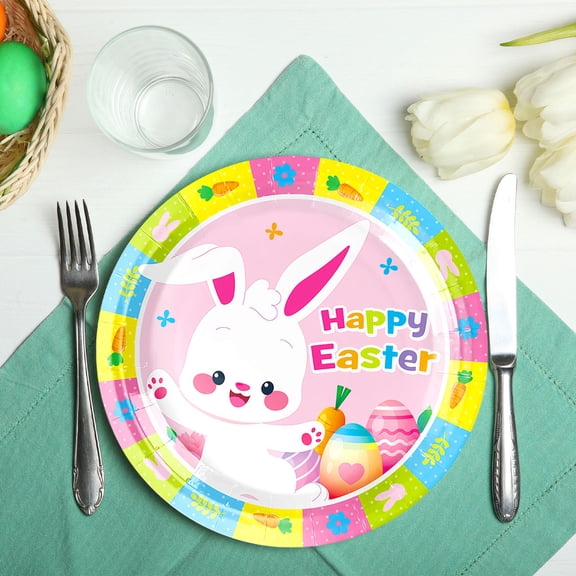 Uutvmp Easter Themed Party Paper Plates 10 Pcs, 9inch Easter Colorful Eggs Disposable Rabbit Decoration Dinner Dessert Paper Plates for Kids Holiday Party