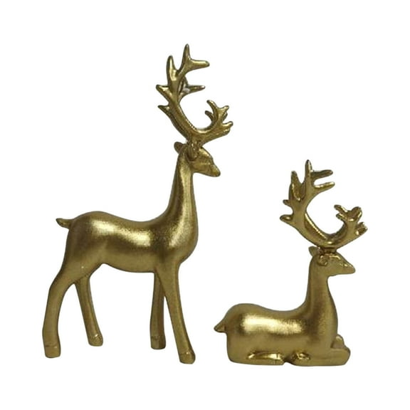 Uutvmp Gold Reindeer Sculpture, 2Pcs Gold Deer Figurines for Table Top Decor, Rustic Elk Figurine for Display Shelf, Small Cute Reindeer Statue Decor for Living Room Fireplace