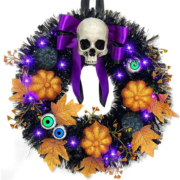 Uutvmp Halloween Garland Pumpkin Skull Wreath with LED Lights for Front Door, Horror Party, Black Atmosphere Holloween Wreath decoration Gifts for Friends and Family