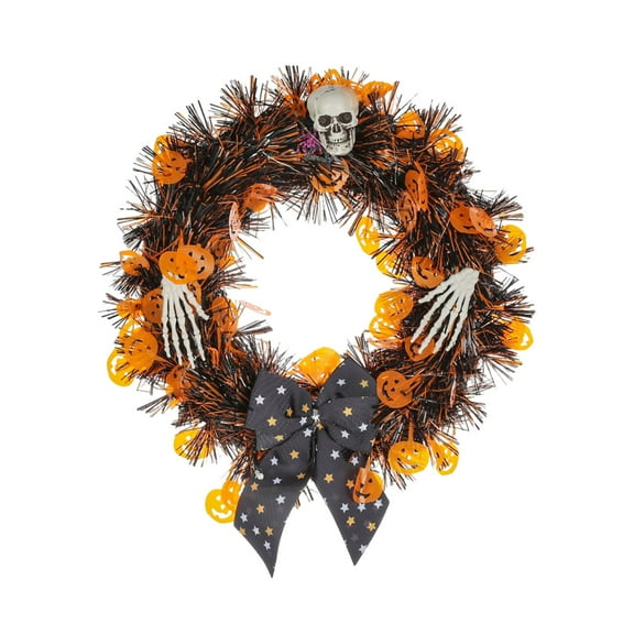 Uutvmp Halloween Orange Pumpkin Skull Wreath, 13.78Inch Black Sequins Skeleton Hand Garland with Bow Outdoor Horror Decorations for Front Door Home Wall Window Thanksgiving