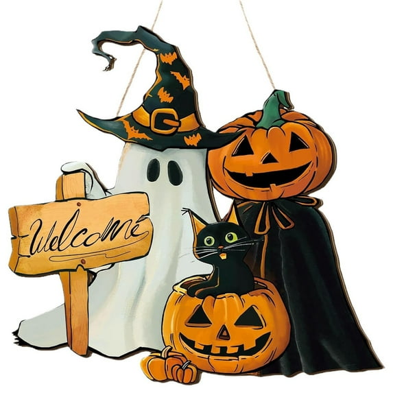 Uutvmp Halloween Welcome Door Sign, Skeleton Pumpkin Front Door Wreath Decor Rustic Hanging Wooden Wreath Car Outdoor Signs for Halloween Party Supplies