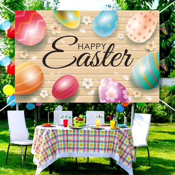 Uutvmp Happy Easter Backdrop Banner, 59 x 35.5 Inch Large Size Easter Colorful Eggs Background Banner with Easter Eggs Bunny Easter Hunt Game Party Decor Easter Photo Booth Props