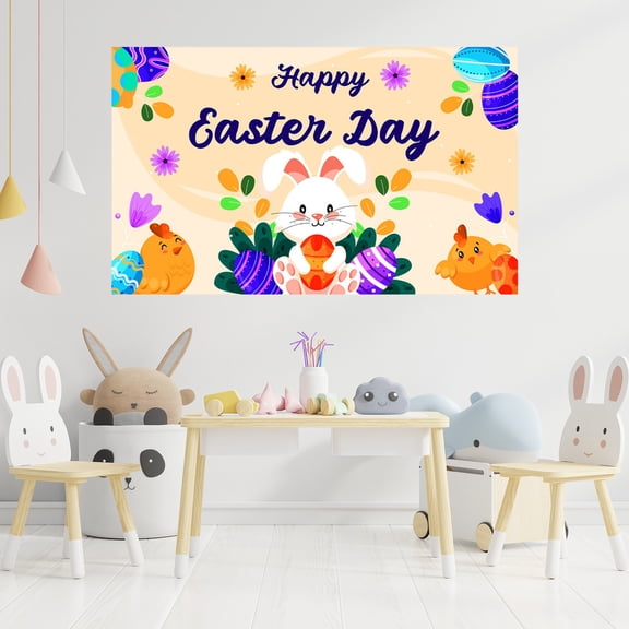 Uutvmp Happy Easter Backdrop Banner, 70.9 x 43.5 Inch Bunny Grassland Eggs Background Banner with Easter Eggs Bunny Easter Hunt Game Party Decor Easter Photo Booth Props