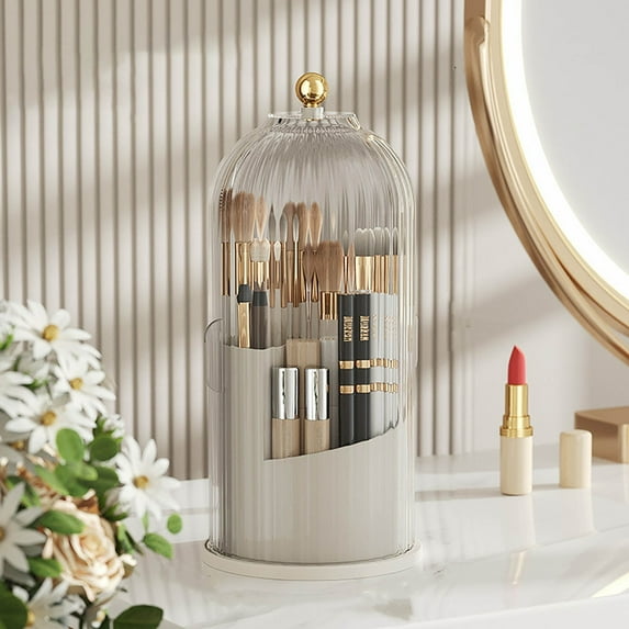 Uutvmp Makeup Brush Holder Organizer with Lid & Compartments 360°Rotating Makeup Organizer Countertop Dustproof Cosmetics Organizer for Vanity Bathroomk