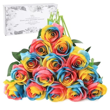 Uutvmp Rainbow Fake Roses Artificial Flowers, 1 Pcs Fake Artificial Roses Silk Flowers with Stems for Home Wedding Hotel Office Centerpiece Decor