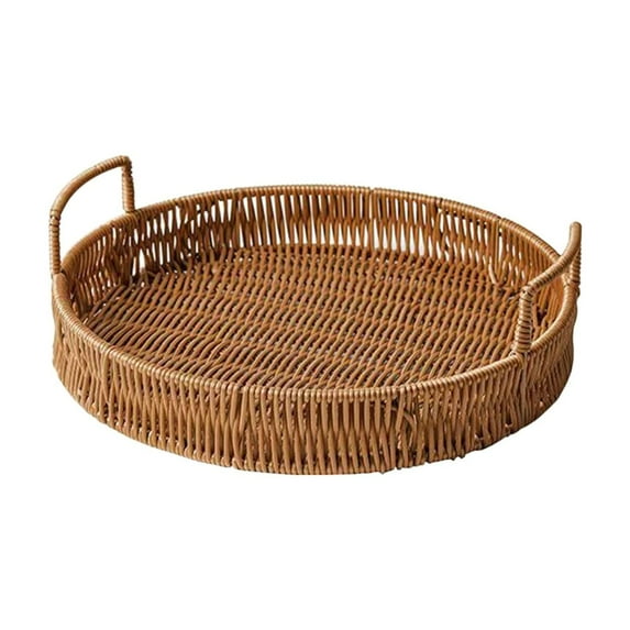 Uutvmp Rattan Serving Tray with Handles, Woven Wicker Tray, Round Shallow Rattan Basket Fruit Tray Decor for Serving, Woven Storage Table Top, Dried Fruit Snack Storage Fruit Gift Tray
