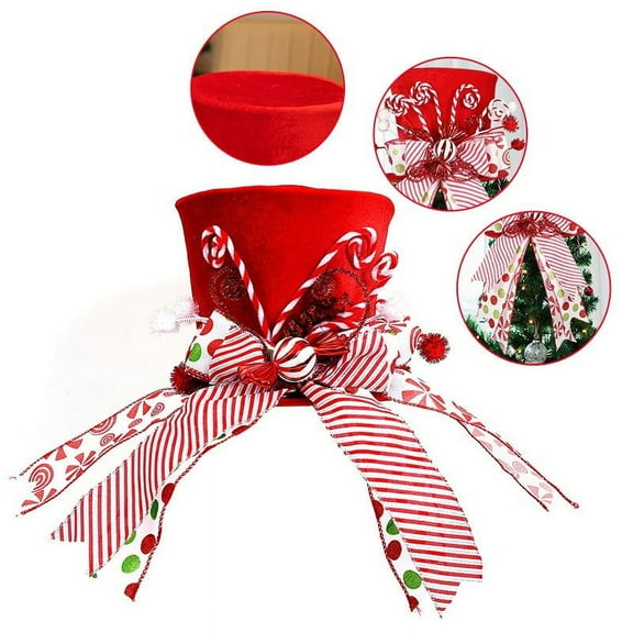 Uutvmp Red Top Hat with Candy Cane Ribbon Christmas Tree Topper Bow, Large Red Hat with Striped Bow Ribbon & Lollipop, Top Hat Christmas Tree Topper for Home Holiday Xmas Gift Tree Decoration