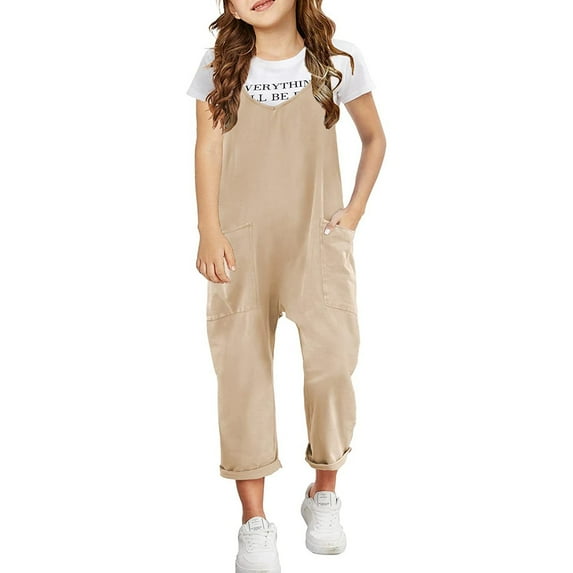 Uuwenda Cute Girls Bodysuits One-Pieces Casual Sleeveless Jumpsuits Spaghetti Strap Loose Overalls Rompers Long Pants With Pocket 1 Piece Overalls Khaki 6-7 Years