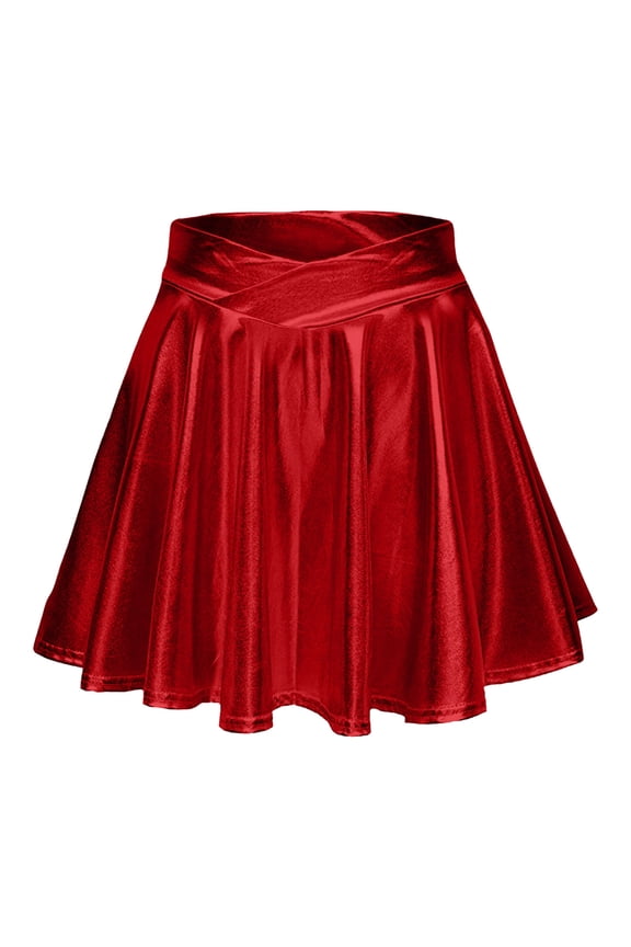 Women Skirts Fashion High Waist Pleated Solid Color Short Skirt Loose Skirt Metallic Skater Skirt Sparkly Shiny Flared Pleated A Line Mini Skort Red M