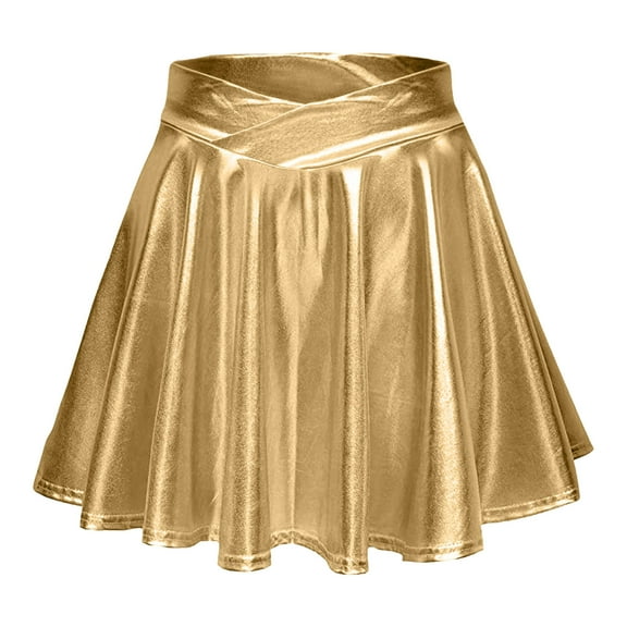 Uuwenda Women Skirts Fashion High Waist Pleated Solid Color Short Skirt Loose Skirt Metallic Skater Skirt Sparkly Shiny Flared Pleated A Line Mini Skort Gold S