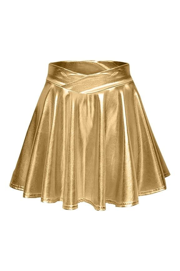 Women Skirts Fashion High Waist Pleated Solid Color Short Skirt Loose Skirt Metallic Skater Skirt Sparkly Shiny Flared Pleated A Line Mini Skort Gold Xl
