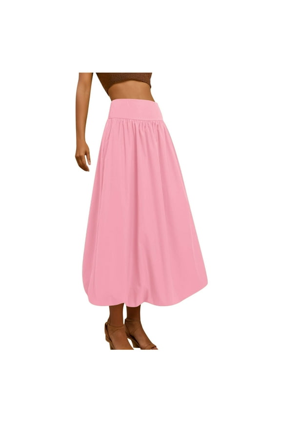 Women Skirts Maxi Bubble Skirt Elastic Waist Aline Long Puff Skirt Ruffle Hem Balloon Skirts Red L