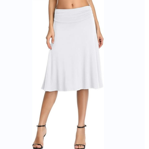 Uuwenda Women Skirts Ruched High Waist Knee Length A Line Stretchy Flared Casual Skirt White Xl