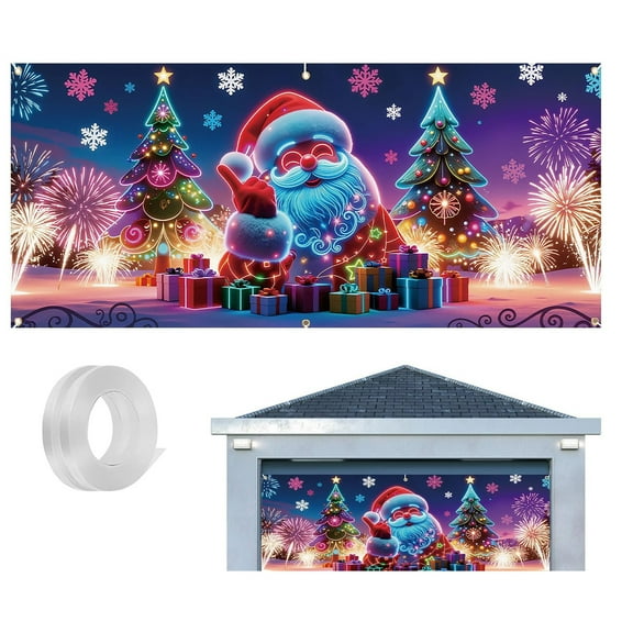 Uv Activated Christmas Garage Door Cover Banner, Fluorescent Christmas Door Cover, Glows In Dark 2D Flat Holiday Garage （13X6 Ft）