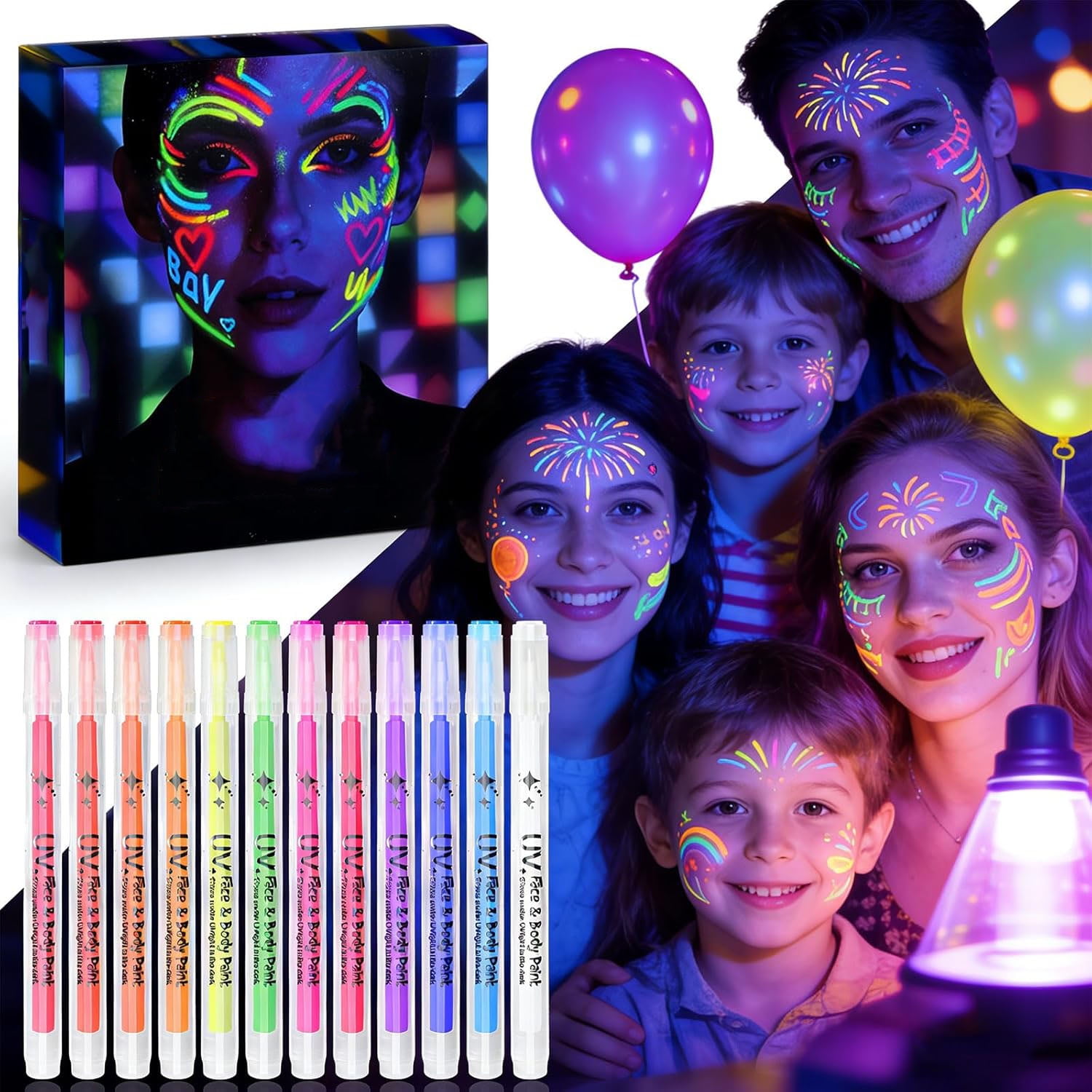 Uv Neon Face Paint Markers 12 Colors, Glow Face And Body Paint Markers Set, Face And Body Paint Markers Set, Body Paint Under Black Light for Temporary Tattoo (12 colors)