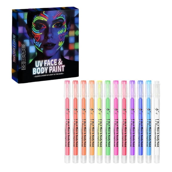 Uv Neon Face Paint Markers 12 Colors, Glow Face And Body Paint Markers Set, Face And Body Paint Markers Set, Body Paint Under Black Light for Temporary Tattoo