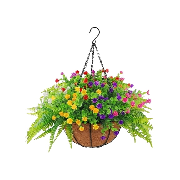 Uv Resistant Artificial Outdoor Flowers, 12 in Coco Fiber Hanging Planter Outdoor, Mixed Greenery Hanging Garden Decor, Porch Decorations Outdoor, Assorted Bright Blooms, 1 Set