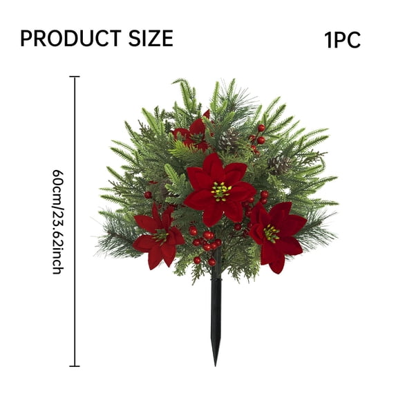 Uv Resistant Artificial Poinsettia Yard Stake, Realistic Christmas Floral Stake with Frosted Branches, Pine Cones and Berries, for Outdoor Garden and Indoor Tabletop Holiday Decor