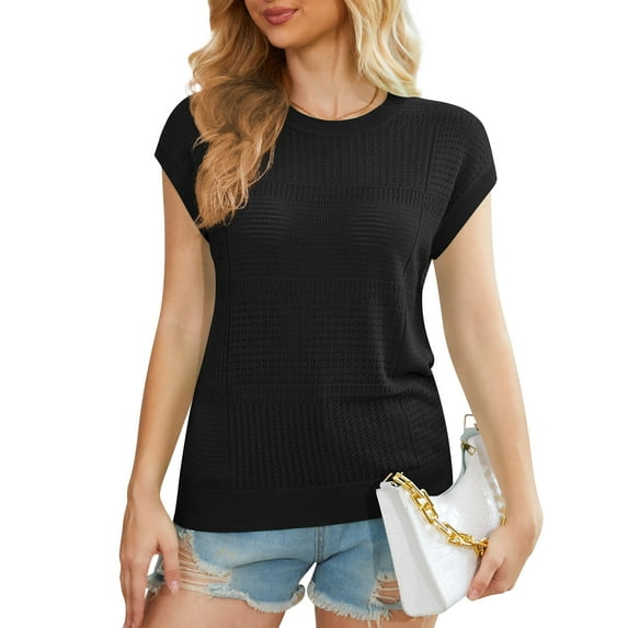 Uvplove 2025 Womens Cap Sleeve Top Hollow Out Knit Short Tee Shirts Tunic Black-L