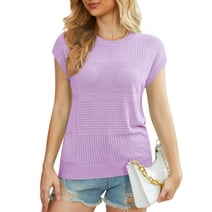 Uvplove 2024 Womens Cap Sleeve Top Hollow Out Knit Short Tee Shirts Tunic Light Purple-XL
