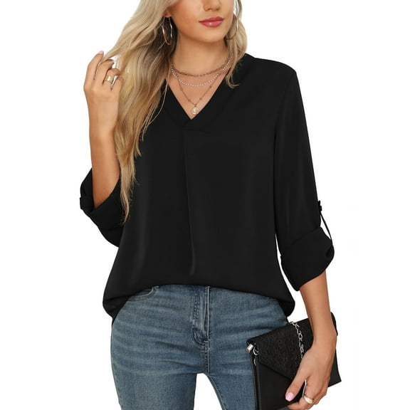 Uvplove 3/4 Sleeve Blouses for Women Casual Elegant Chiffon V Neck Tops,US Size,Floral Black,S-2XL