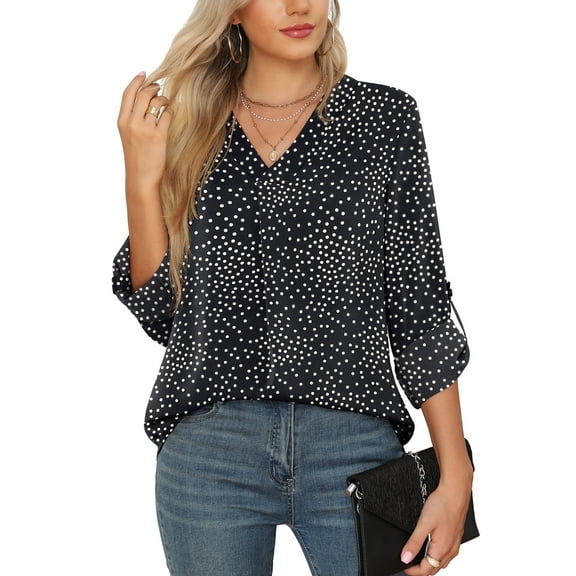 Uvplove 3/4 Sleeve Blouses for Women Casual Elegant Chiffon V Neck Tops,US Size,Floral Black Dot,S-2XL
