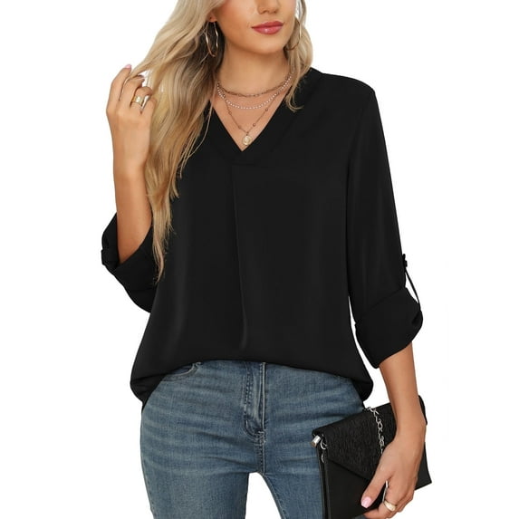 Uvplove 3/4 Sleeve Blouses for Women Casual Elegant Chiffon V Neck Tops,US Size,Floral Black,S-2XL