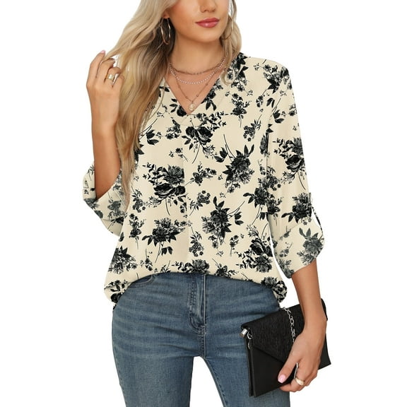 Uvplove 3/4 Sleeve Blouses for Women Casual Elegant Chiffon V Neck Tops,US Size,Floral White,S-2XL