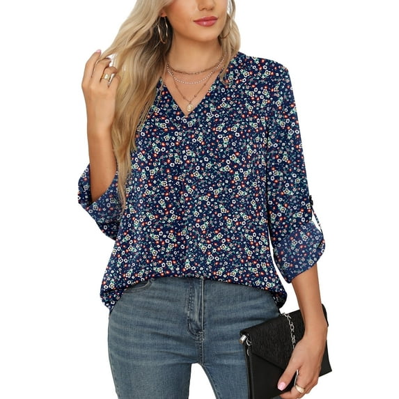 Uvplove 3/4 Sleeve Blouses for Women Casual Elegant Chiffon V Neck Tops,US Size,Flower Navy Blue,S-2XL