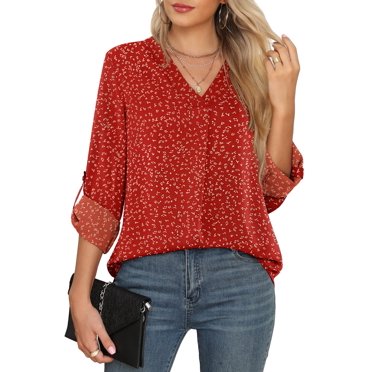 Uvplove 3/4 Sleeve Blouses for Women Business Casual Elegant Chiffon V Neck Blouses Tops,US Size,Flower Wine Red,M
