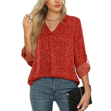 Uvplove 3/4 Sleeve Blouses for Women Business Casual Elegant Chiffon V Neck Blouses Tops,US Size,Flower Wine Red,M