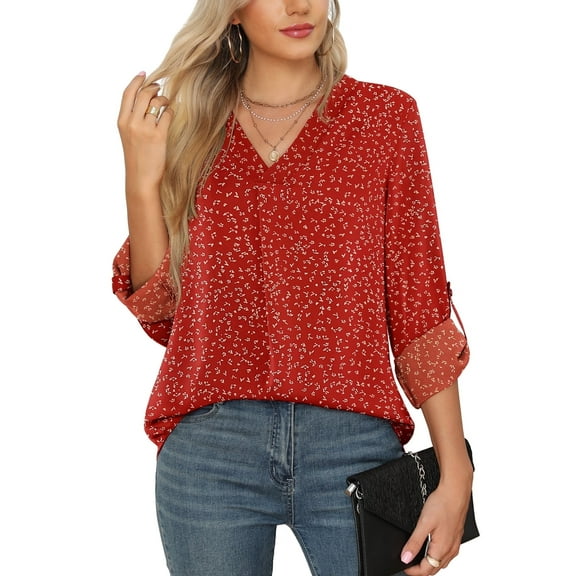 Uvplove 3/4 Sleeve Blouses for Women Casual Elegant Chiffon V Neck Tops,US Size,Flower Wine Red,S-2XL