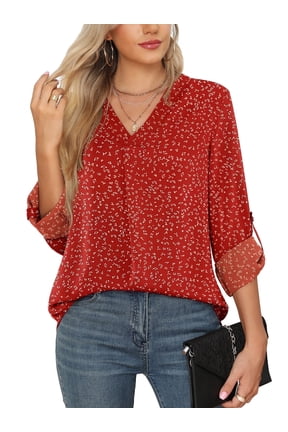 3/4 Sleeve Blouses for Women Casual Elegant Chiffon V Neck Tops,US Size,Flower Wine Red,S-2XL