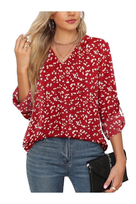 3/4 Sleeve Blouses for Women Casual Elegant Chiffon V Neck Tops,US Size,MM F Red,S-2XL