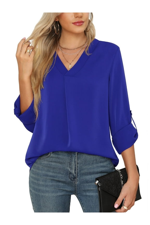 3/4 Sleeve Blouses for Women Casual Elegant Chiffon V Neck Tops,US Size,Royal Blue,S-2XL