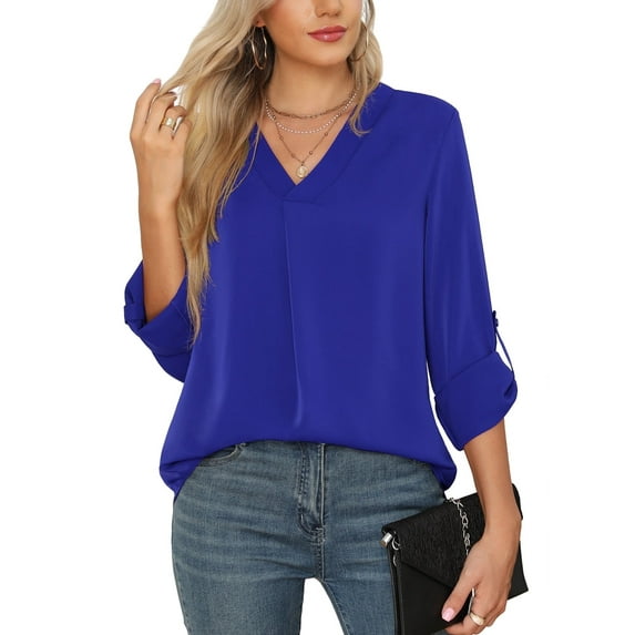 Uvplove 3/4 Sleeve Blouses for Women Casual Elegant Chiffon V Neck Tops,US Size,Royal Blue,S-2XL