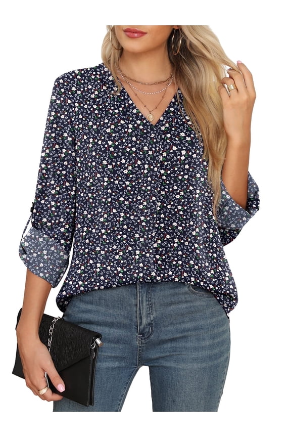 3/4 Sleeve Blouses for Women Casual Elegant Chiffon V Neck Tops,US Size,SX F Navy Blue,S-2XL