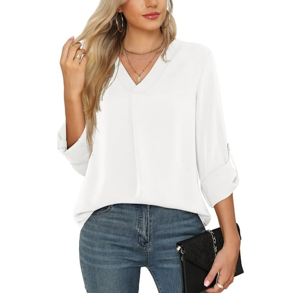 Uvplove 3/4 Sleeve Blouses for Women Casual Elegant Chiffon V Neck Tops,US Size,White,S-2XL
