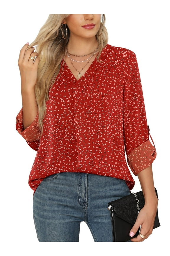 3/4 Sleeve Blouses for Women Casual Elegant Chiffon V Neck Tops,US Size,Flower Wine Red,S-2XL