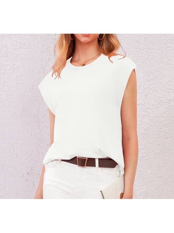 Cap Sleeve Tops for Women Summer Top Basic Tee Shirts Casual Tank Loose Fit Fashion white-l