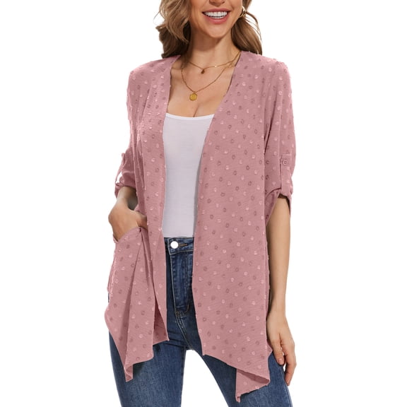 Uvplove Cardigan for Women 3/4 Sleeve Lightweight Summer Swiss Dots Kimono Cardigan Loose Beach Cover Up Pink-S