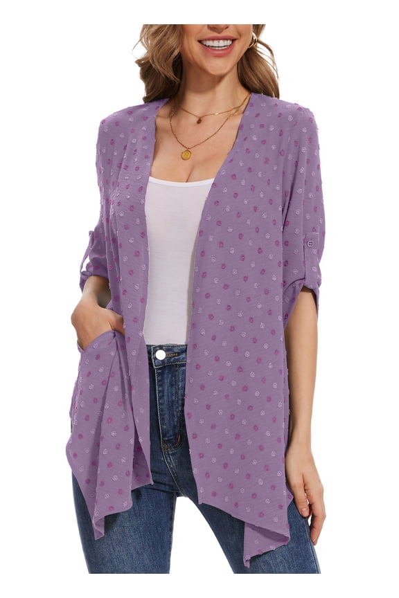 Cardigan for Women 3/4 Sleeve Lightweight Summer Swiss Dots Kimono Cardigan Loose Beach Cover Up Purple-S
