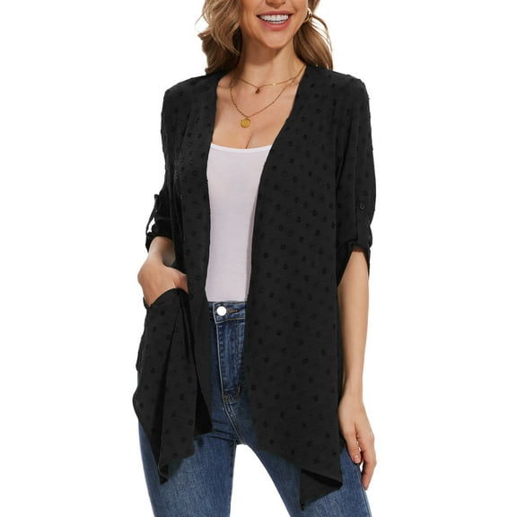Uvplove Cardigan for Women Open Front 3/4 Sleeve Swiss Dots Cardigans Lightweight Casual Cover Up Black-XL