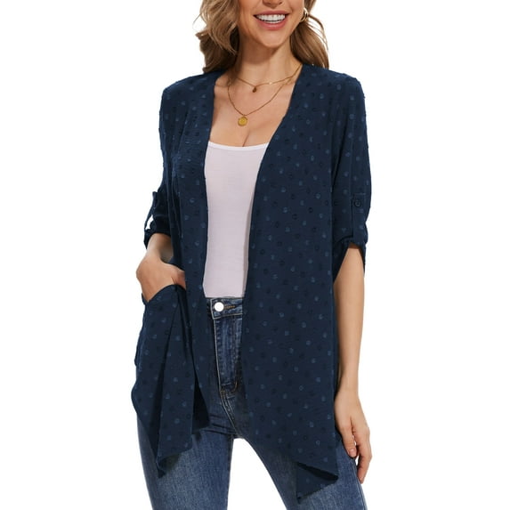 UVPLove Women's Casual Blouse with 3/4 Sleeve and Swiss Dots, M,Navy blue